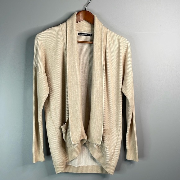 Abercrombie & Fitch Open Cardigan Sweater Tan White Ribbed Draped Pockets Small - Picture 12 of 12